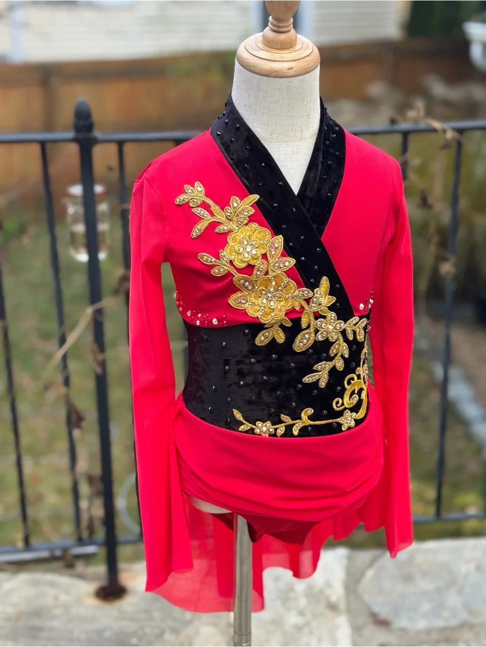 Red and Black Embellished Dance Costume with Gold Floral Appliqué - lyrical -